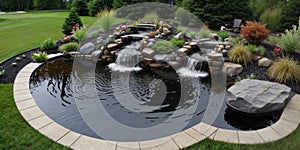 Scenic spring summer artificial pond environment surrounded by rocks