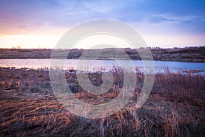 Scenic spring sunrise landscape river bank in rural field. Grass and sky illuminate golden color of the rising sun