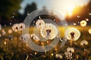 Scenic spring sunset landscape with fields of beautiful fluffy white dandelions