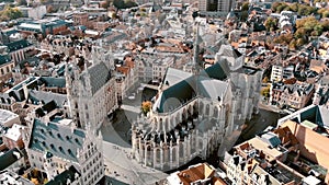 Scenic St. Peter\'s Church in Leuven Grote Markt - Aerial Fly-over