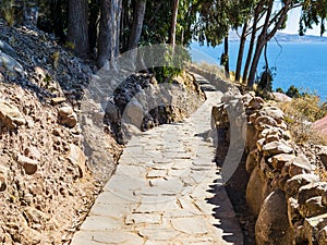 Scenic stone path on island Taquile, Lake Titicaca