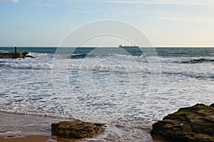 Scenic stormy seascape view of Atlantic ocean in Estoril, Portugal. Coastline, shore, seashore of Atlantic ocean