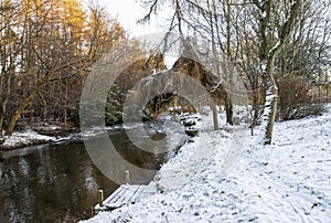 A scenic stream in winter season and snow covered ground and trees in Seaton Park, Aberdeen, Scotland