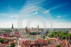 Scenic summer aerial panorama of the Old Town in Tallinn, Estonia