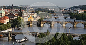 Scenic summer aerial view of the Prague Old Town pier architecture and Charles Bridge over Vltava river in Prague, Czech Republic