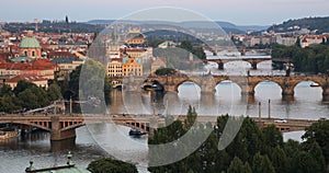 Scenic summer aerial view of the Prague Old Town pier architecture and Charles Bridge over Vltava river in Prague, Czech Republic