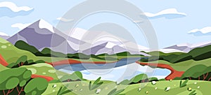 Scenic summer landscape with mountains, lake, and meadow in clear weather. Panoramic scenery of wild nature with green