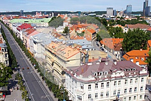 Scenic summer view of Old Town from The Bell Tower of Cathedral Basilica Of St. Stanislaus And St. Vladislav. Vilnius