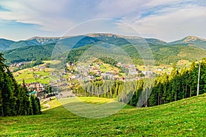 Scenic summer view of the resort Bukovel from the height, Carpathian Mountains, Ukraine