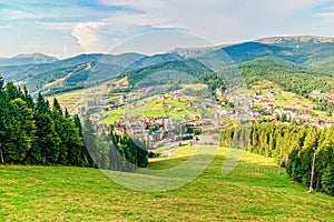 Scenic summer view of the resort Bukovel from the height, Carpathian Mountains, Ukraine