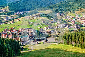 Scenic summer view of the resort Bukovel from the height, Carpathian Mountains, Ukraine