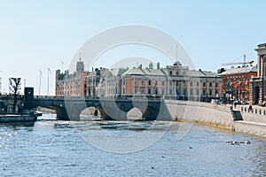 Scenic sunny day panorama of Gamla Stan, The Old Town in Stockholm. City tour concept and spring vacation in Sweden