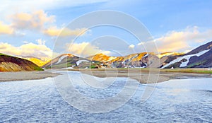 Scenic sunrise over mountains. Landmannalaugar. Fjallabak Nature Reserve. Iceland.