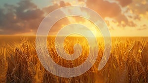 Scenic sunrise over tranquil wheat field with golden sunlight and clear blue sky