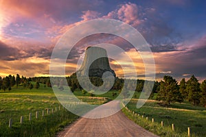 Scenic sunrise over Wyoming`s Devils Tower National monument