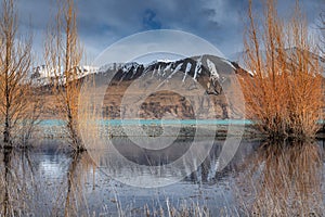 Scenic sunrise view of Lake Pukaki east bank, with their mesmerizing turquoise hue