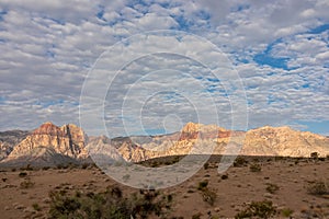 Scenic sunrise view of limestone peaks Mount Wilson, Bridge and Rainbow Mountain of Red Rock Canyon National Conservation