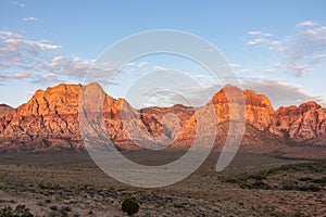 Scenic sunrise view of limestone peaks Mount Wilson, Bridge and Rainbow Mountain of Red Rock Canyon National Conservation