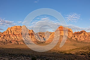 Scenic sunrise view of limestone peaks Mount Wilson, Bridge and Rainbow Mountain of Red Rock Canyon National Conservation