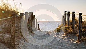 Scenic sunset on beach with wooden fence. Entrance to beach in evening sunlight. Wooden columns and path on sand.