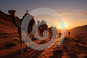 Scenic sunset desert landscape with trekking camels and sun setting over sand dunes