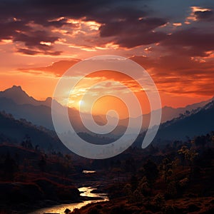 Scenic sunset with layered mountains, portraying a peaceful and majestic setting