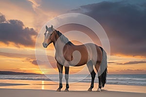 Scenic Sunset: Majestic Brown Horse Gracefully Adorns Sandy Beach Beneath Vibrant Sky.