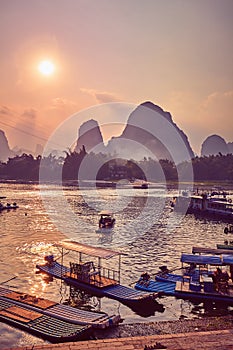 Scenic sunset over Li River in Xingping, China.