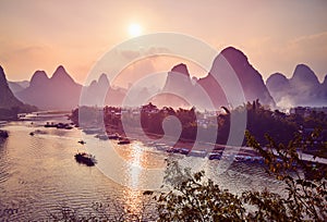 Scenic sunset over Li River in Xingping, China.