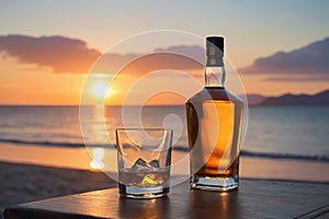 Scenic Sunset Setting: Whisky Bottle on Table with Beach and Sea View.