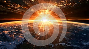 Scenic sunset or sunrise over the earth seen from outer space and cosmos