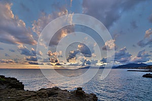 Scenic sunset in Tigullio gulf. Cavi di Lavagna. Liguria. Italy