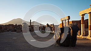 Scenic sunset view of ruins at ancient city of Pompeii