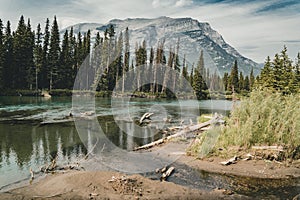 Scenic sunset views over bow river three sisters, Banff National Park Alberta Canada