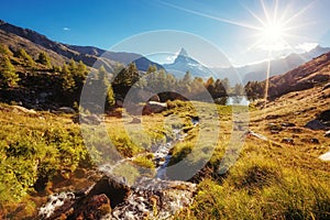 Scenic surroundings with famous peak Matterhorn. Location place Swiss alps, Grindjisee