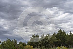 Scenic Tajuna valley under a dark gray sky, dotted with asperitas clouds photo