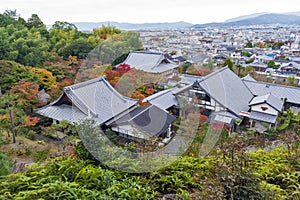 Scenic top view of Enkoji Temple and north Kyoto city skyline during autumn