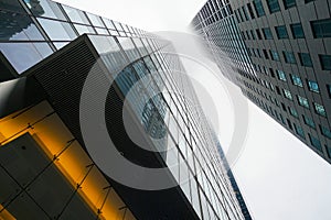 Scenic Toronto financial district skyline and modern architecture. Skyscrapers, fog and clouds concept