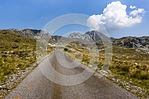 Scenic touristic road to Zabljak village through the Dinaric Alps in Durmitor National Park, Montenegro