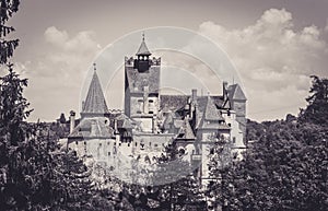 Scenic towers of Bran Castle. The legendary residence of Drukula in the Carpathian Mountains, Romania