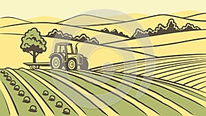 Scenic Tractor in Rolling Farm Fields Landscape, vector design Generative AI