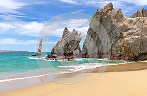 Scenic travel destination beach Playa Amantes, Lovers Beach known as Playa Del Amor located near scenic Arch of Cabo San photo