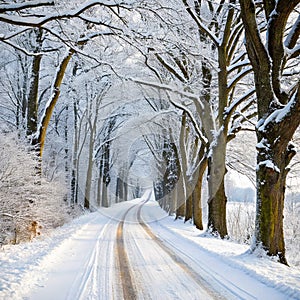 Scenic tree lined winter road photo