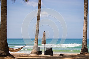 Scenic tropical beach with palm trees, hammock and chairs. Idyllic resort background. Empty resort while quarantine.