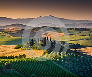 Scenic Tuscany landscape at sunrise, Val dOrcia, Italy