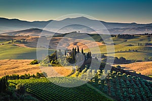 Scenic Tuscany landscape at sunrise, Val dOrcia, Italy