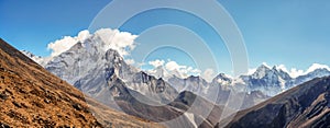 Scenic valley and Himalayan mountains peaks on trek between Tengboche and Lobuche, Nepal