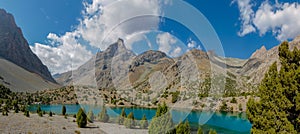 Scenic valley and lake in Fann mountains, Middle Asia panorama