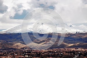 Scenic valley near Emmett, Idaho with snow capped mountains