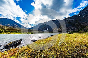 Scenic view of Alaskan hidden lake in Flattop Glen Alps in Summer